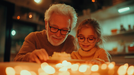 Grandchild and grandparent enjoying a cozy baking session in a warmly lit kitchen during the evening