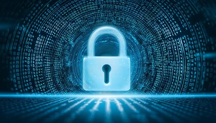 Digital security image with a glowing lock symbol on a background with precise patterns placed to represent encrypted codes