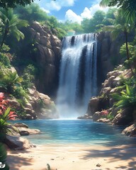 Lush tropical waterfall cascading into a tranquil pool.