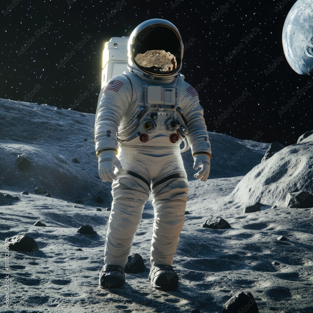 Poster an astronaut stands on the lunar surface with a flag in the background