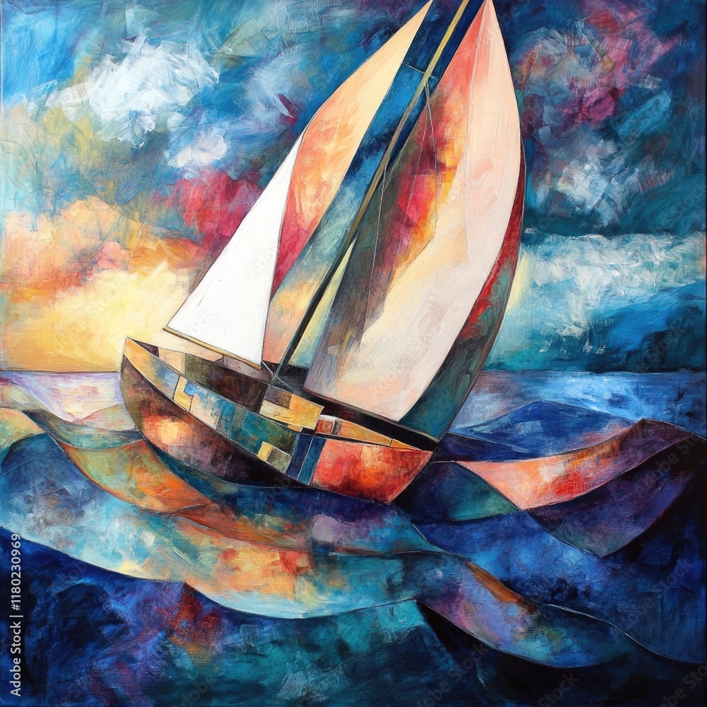 Poster a sailboat sailing in the open ocean with clear blue water and white clouds
