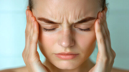 Naklejka premium Woman Suffering from Headache: Close-up portrait of a woman with a pained expression, holding her temples and eyes closed, conveying the discomfort and frustration of a headache. 