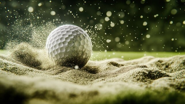 Golf ball exiting sand trap, green background, sports advertising