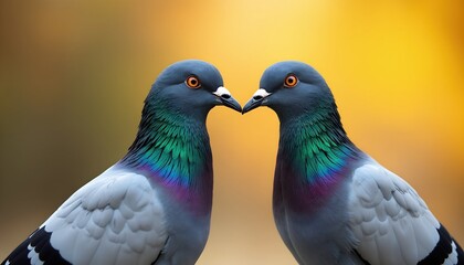 Fototapeta premium Two pigeons face each other, their iridescent necks gleaming. A close-up shot against a warm, blurred background. The image evokes a sense of connection and peace.
