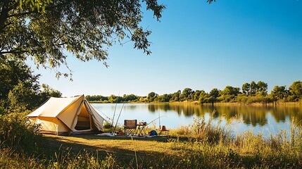 outdoor adventure with lake view and camping tent