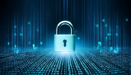 Digital security image with a glowing lock symbol on a background with precise patterns placed to represent encrypted codes
