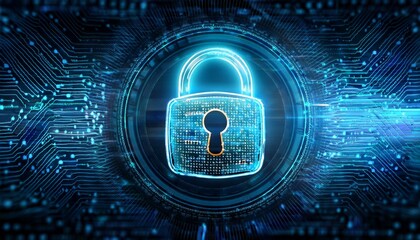 Digital security image with a glowing lock symbol on a background with precise patterns placed to represent encrypted codes