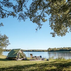 scenic camping tent by lake with fishing gear