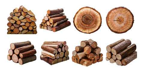 Stacked Wood Logs and Tree Rings on Transparent Background