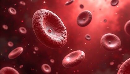 Fototapeta premium Microscopic view of red blood cells flowing through a vessel. The image showcases the detailed texture and shape of these essential components of the circulatory system.