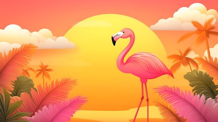 Naklejka premium Pink Flamingo Serenade under Sunset Palm Oasis