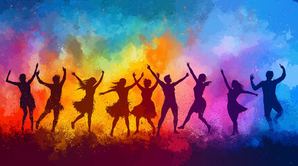Naklejka premium group of people playing holi dance. vector illustration