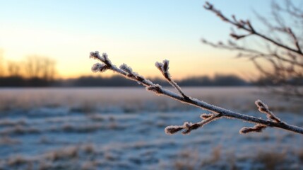 Obraz premium Frosty branch at sunrise over a field.