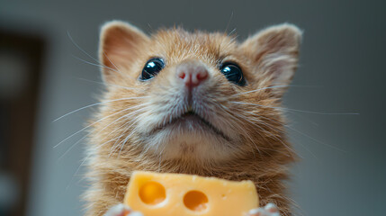 Fototapeta premium A small orange cat is holding a piece of cheese in its mouth