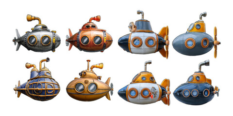 Colorful Vintage Submarines Collection on Transparent Background