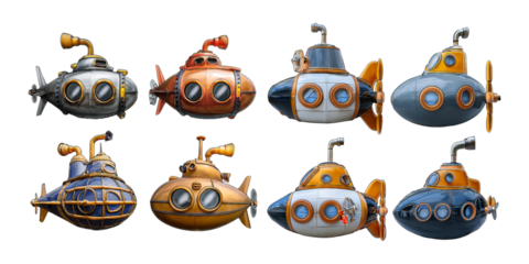 Colorful Vintage Submarines Collection on Transparent Background