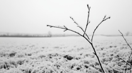 Frosty branch in snowy field, monochrome.