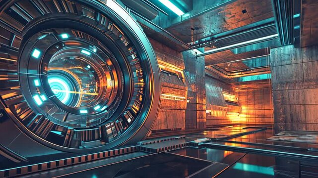 Futuristic interior with glowing elements and metallic surfaces in a sci-fi setting