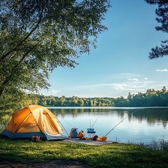 camping tent, fishing gear, and scenic view