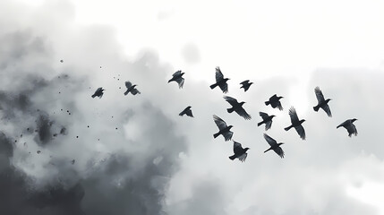 Fototapeta premium A group of birds soaring together in the sky, with cloudy gray skies serving as their backdrop. the birds move swiftly as they travel in unison through the clouds. Ivorylight. Illustration