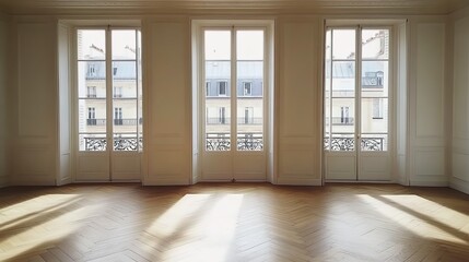 Obraz premium A large room with three French doors and herringbone wood floors