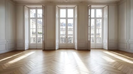 Fototapeta premium A large room with three French doors and herringbone wood floors