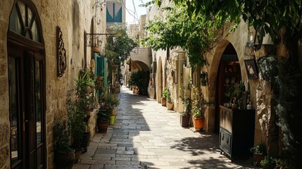 Ancient Stone Alleyway with Plants and Shops
