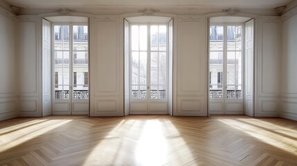 Obraz premium A large room with three French doors and herringbone wood floors