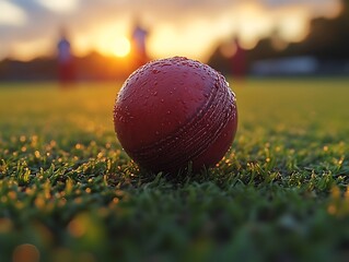 Wet red cricket ball on grass at sunset.