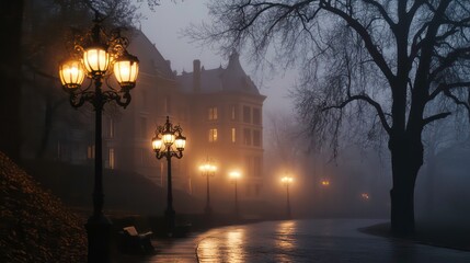 Historic decorative streetlamps illuminate a foggy evening, casting a warm glow against a backdrop of a stately building and silhouetted trees.