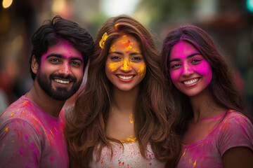Fototapeta premium Happy people on the street in India in colored powder rejoice in Holi celebration
