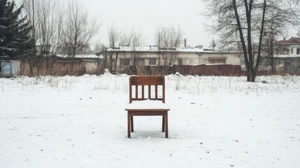 Lonely wooden chair in snowy field near buildings.
