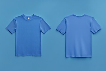 A plain blue color t-shirt mockup from the front and back on a blue background.