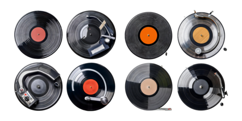 Collection of Vintage Vinyl Records on Transparent Background