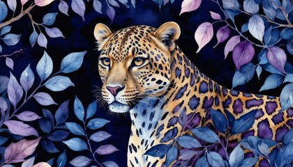 Watercolor illustration of a leopard surrounded by colorful foliage in a desert setting during daylight
