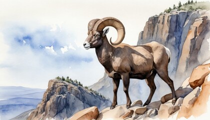 Obraz premium Wildlife watercolor illustration of a bighorn sheep standing on a rocky outcrop in a desert landscape during daytime
