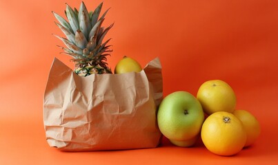 An assortment of fresh fruits and a pineapple in a brown paper bag on an orange background.