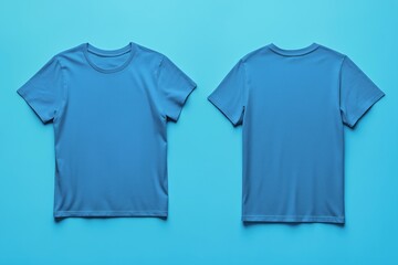 A flat lay of a blue color t-shirt mockup from the front and back on a bright blue background. The shirt is simple, with a round neckline and short sleeves, showcasing a clean design.