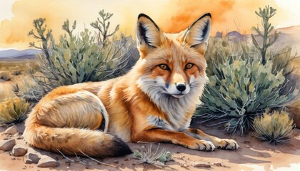 Fototapeta premium Relaxing red fox in a sunlit desert landscape with cacti and distant mountains during the day