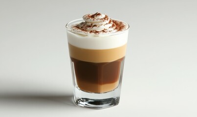 An espresso drink with cream and cocoa. Latte art is on the glass.