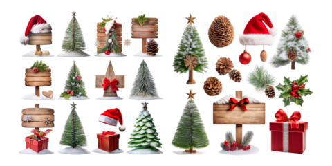Christmas Elements with Trees, Signs, Gifts, and Decorations