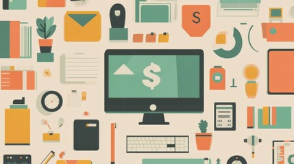 Computer screen displays upward trending dollar symbol surrounded by office supplies