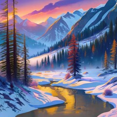 Majestic winter sunset over a serene mountain landscape reflecting in a winding river. Generative AI