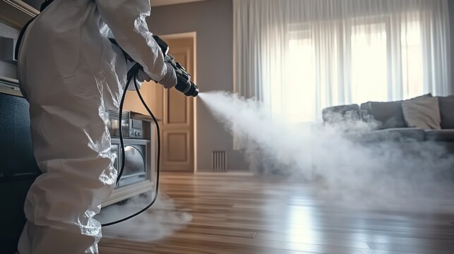 A professional disinfection team in protective suits spraying white mist from an electric spray gun, against the background of a modern living room - Powered by Adobe