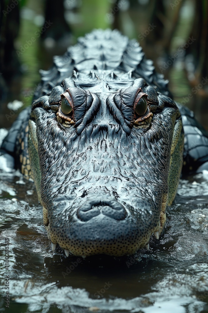 Poster a close-up view of an alligator's face submerged in the water