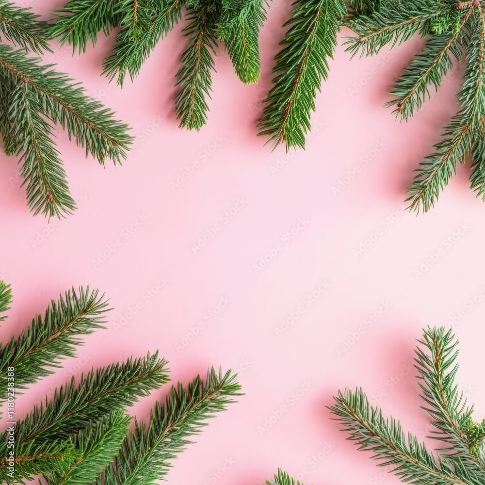 Poster pine branches on a pink background with copyspace