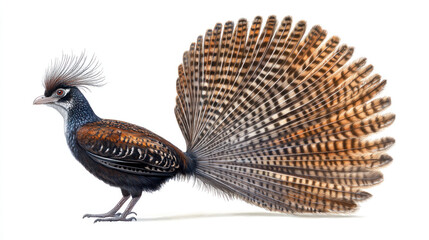 Obraz premium A detailed illustration of a crested bird with a vibrant, fanned tail against a white background.