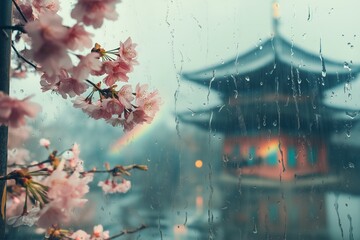 Rain-soaked window adorned with cherry blossoms and a distant pagoda during a serene rainy day. Generative AI
