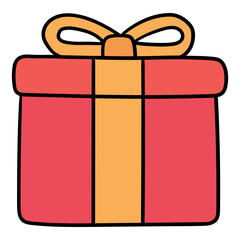 Hand drawn cartoon red gift box icon on white background.