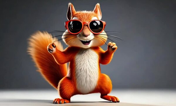 Happy Dancing Squirrel with Sunglasses on a Grey Background 